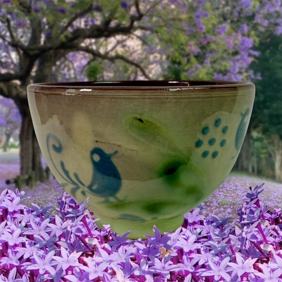 Small Pottery 4" Diameter Small Bowl Painted Birds Boho Whimsical Cute Decor - Picture 1 of 8